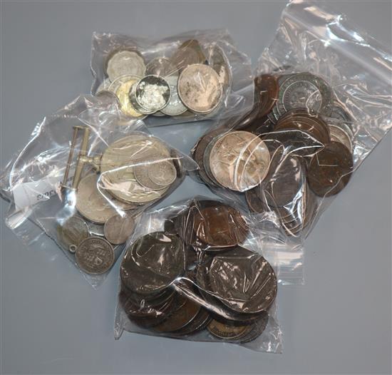 A small collection of silver and other coinage, including 1820 and 1889 crowns,